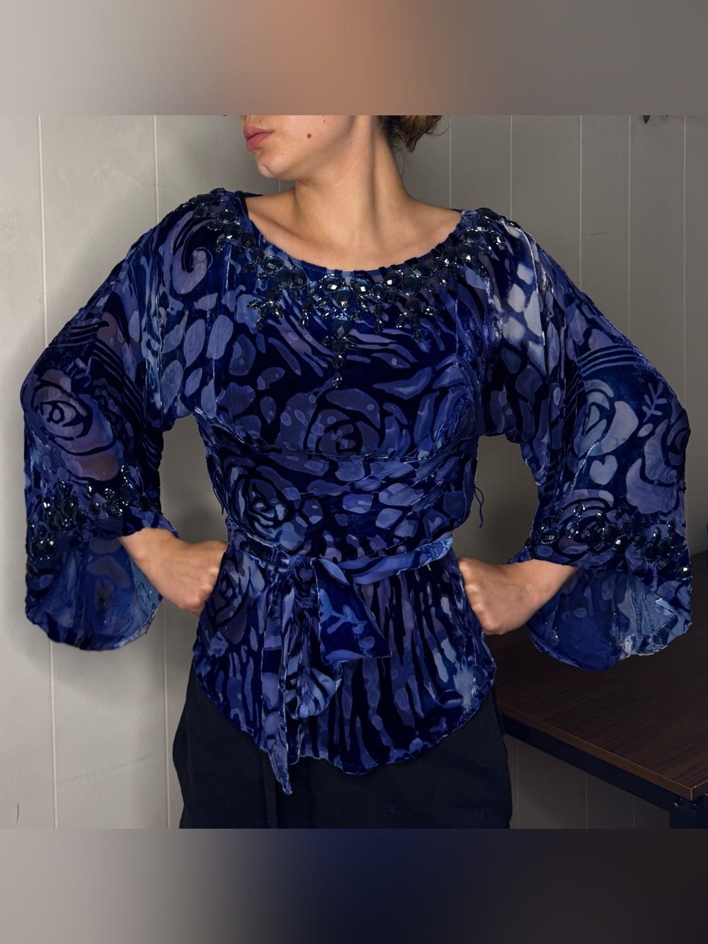 Vintage Cache Royal Blue Velvet Burnout Statement Top with Rhinestones